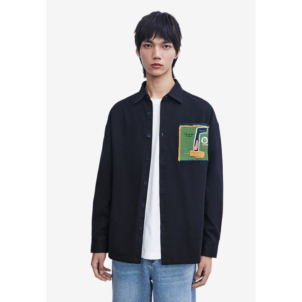 NWT Urban Revivo Men’s Black Embroidered Long Sleeve Button Up Shirt Size M